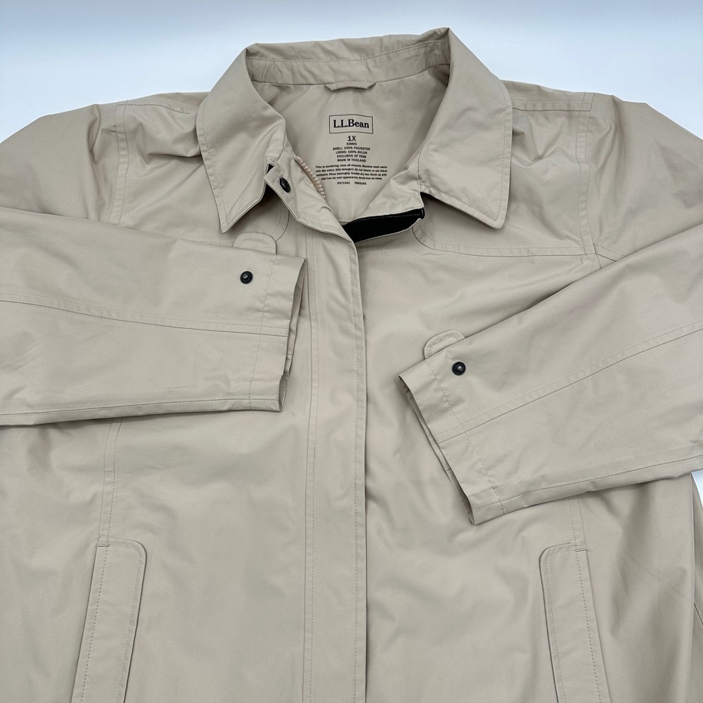 LL Bean Womens 1X Tan Beige Trench Coat Full Zip Snap Front Jacket Coat OJNM6
